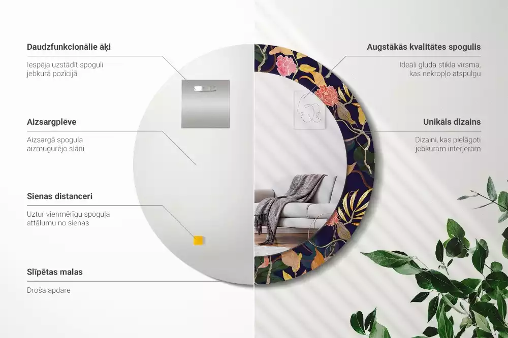 Espejo redondo con decoración Plantas de acuarela