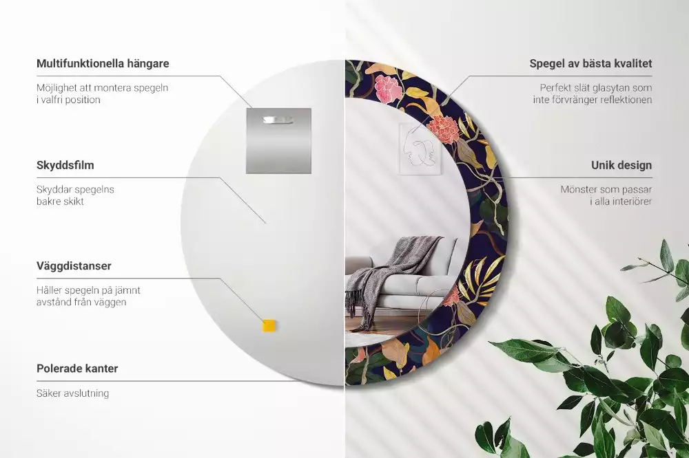 Espejo redondo con decoración Plantas de acuarela