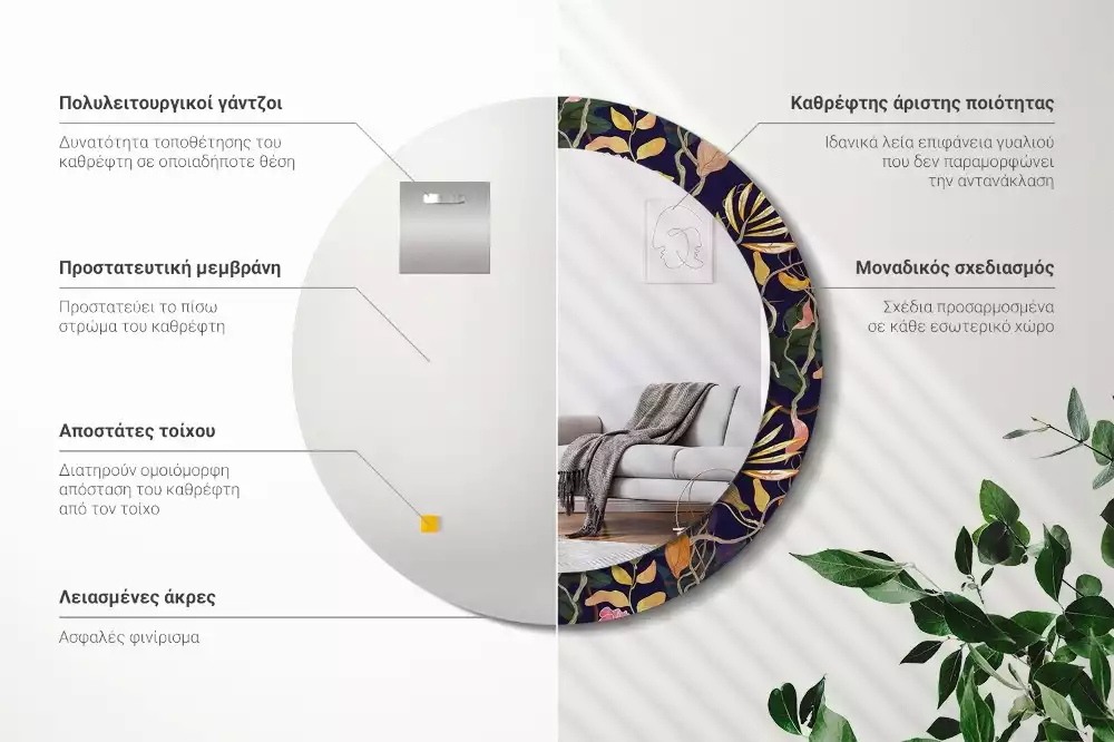 Espejo redondo con decoración Plantas de acuarela