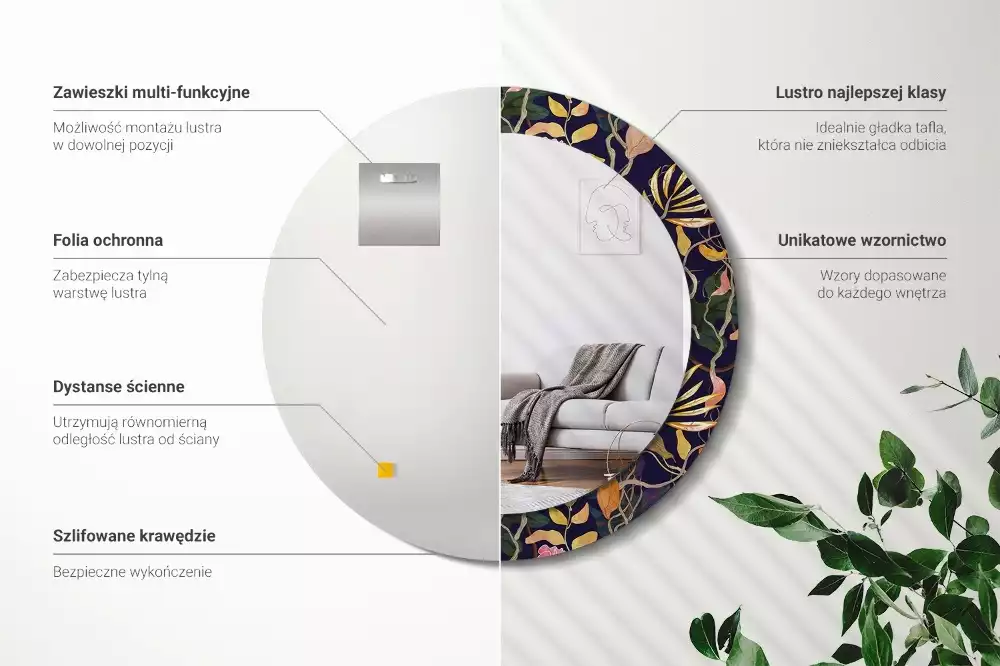 Espejo redondo con decoración Plantas de acuarela