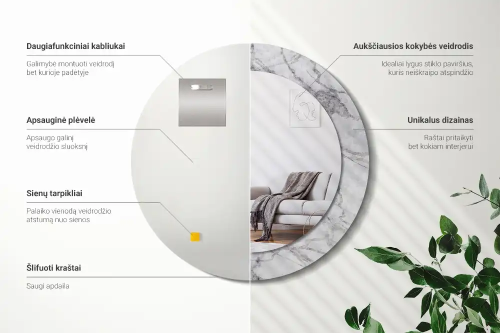 Espejo redondo impreso mármol blanco