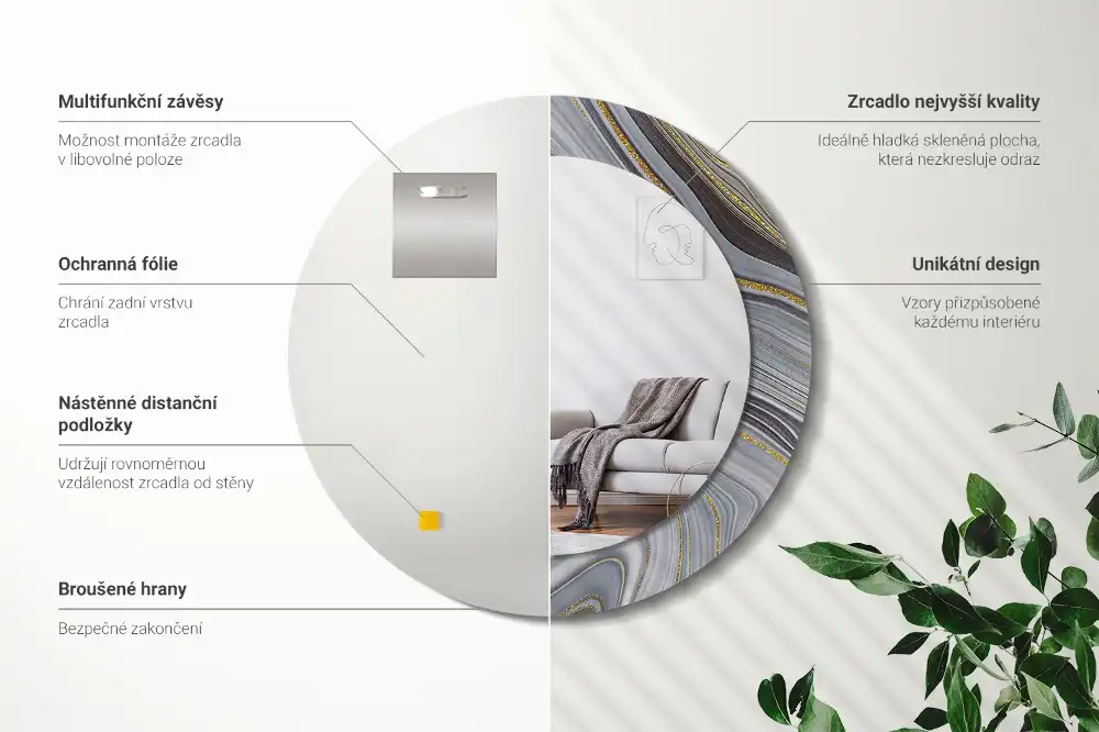 Espejo redondo impreso mármol gris