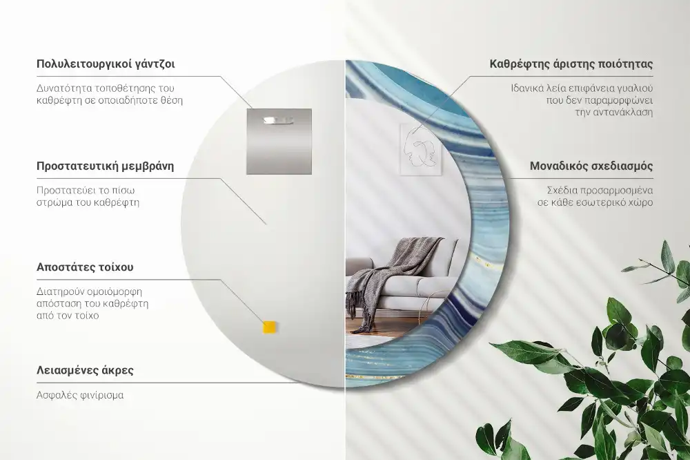 Espejo redondo con decoración mármol azul