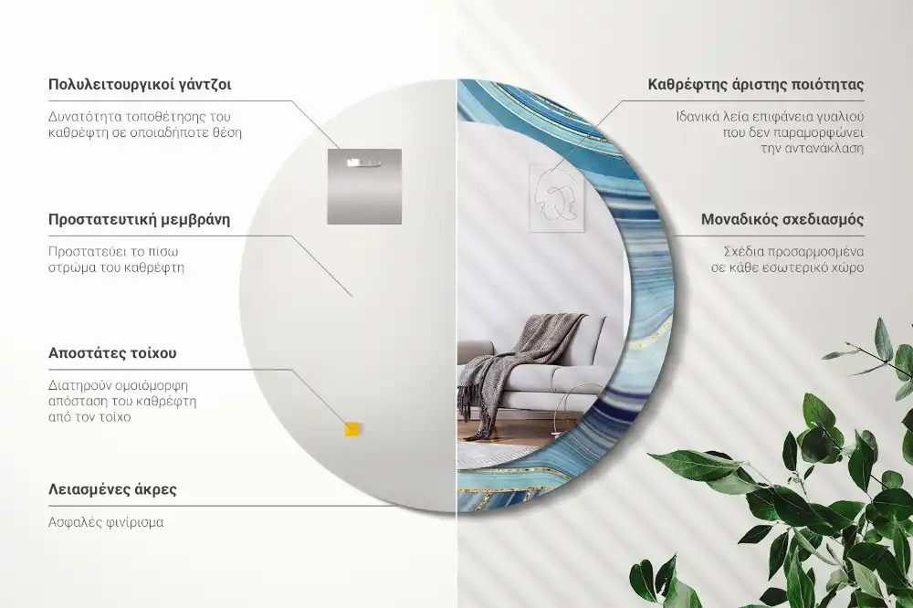 Espejo redondo con decoración mármol azul