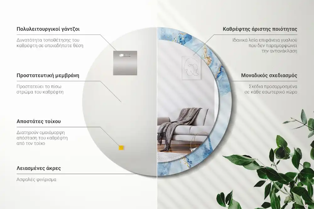 Espejo redondo con decoración mármol azul