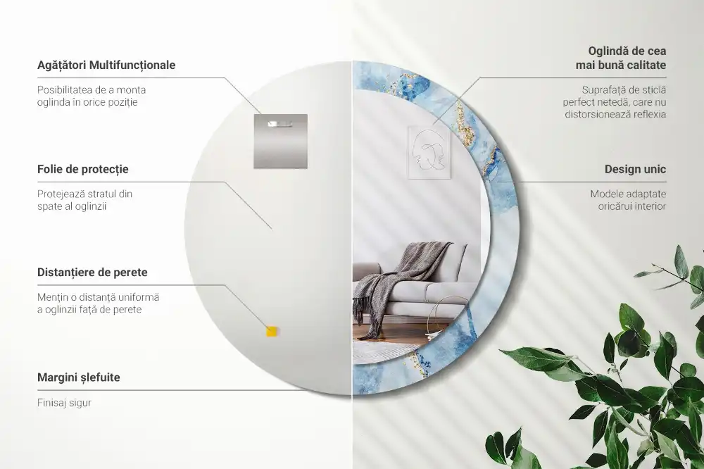 Espejo redondo con decoración mármol azul