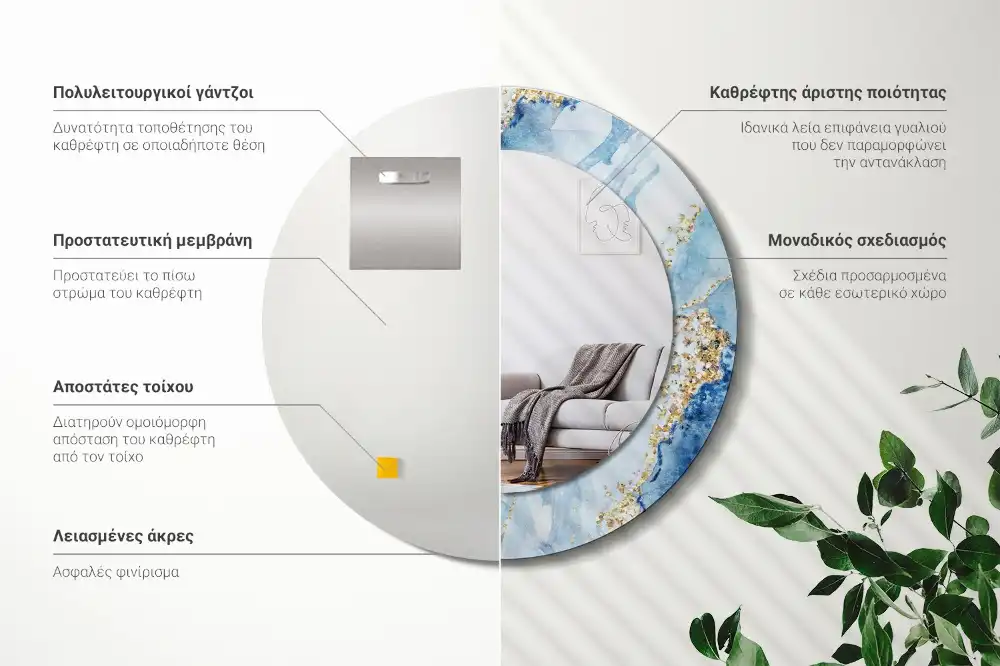 Espejo redondo con decoración mármol azul