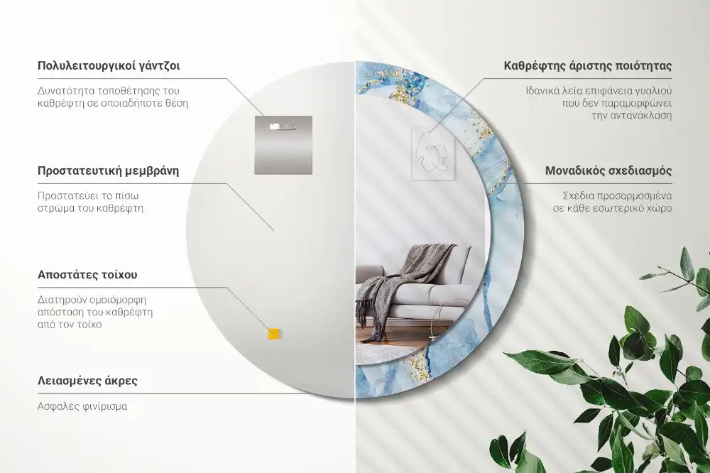 Espejo redondo con decoración mármol azul