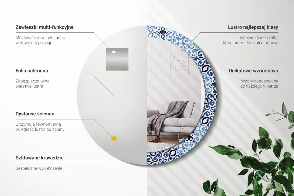 Espejo redondo estampado Patrón árabe azul