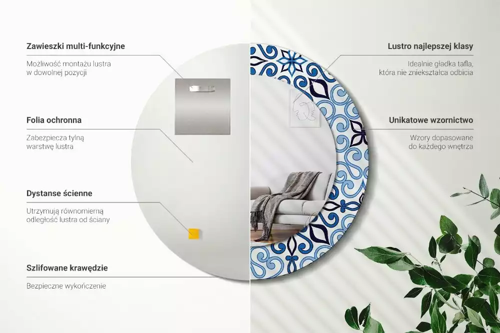 Espejo redondo estampado Patrón árabe azul