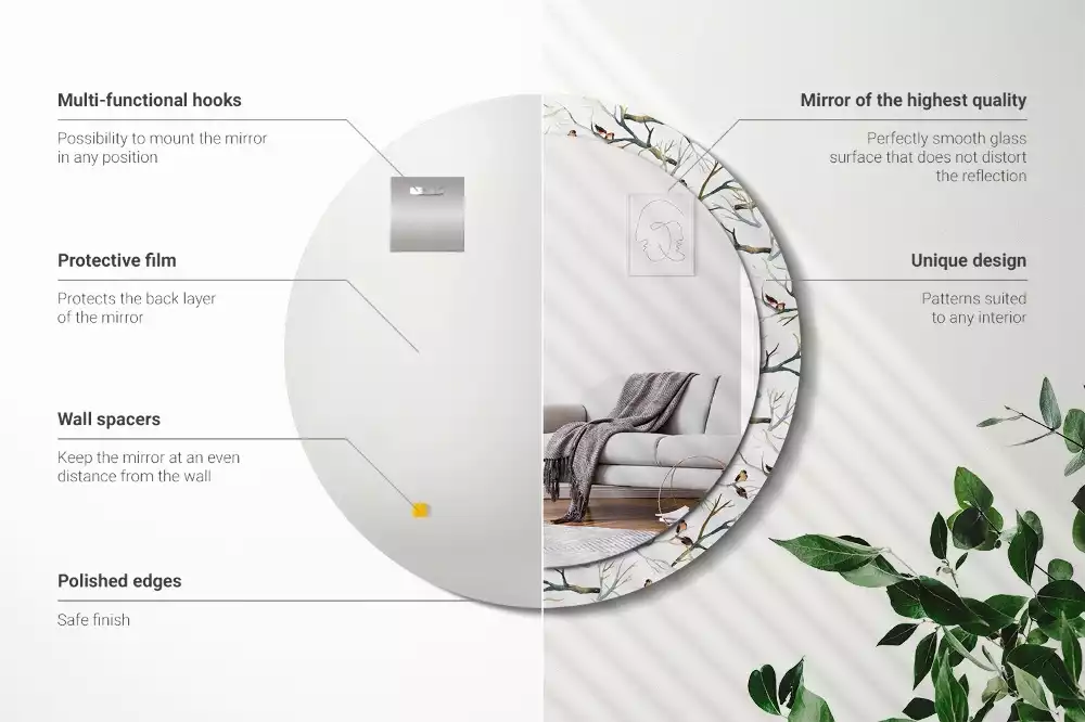 Espejo redondo estampado Gorriones pájaros ramas