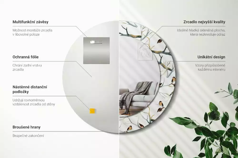 Espejo redondo estampado Gorriones pájaros ramas