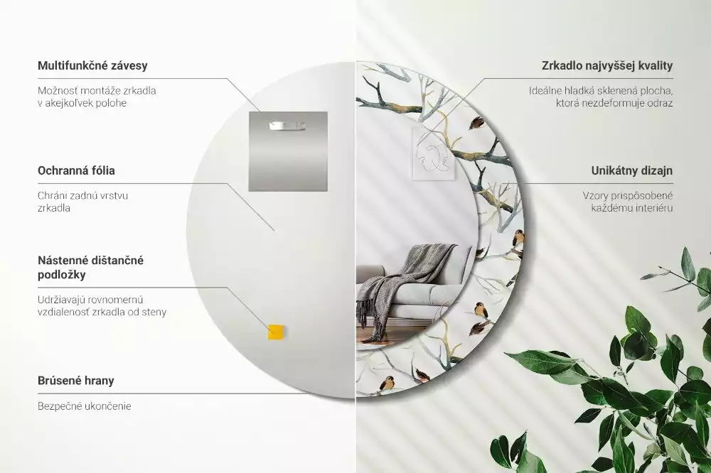 Espejo redondo estampado Gorriones pájaros ramas