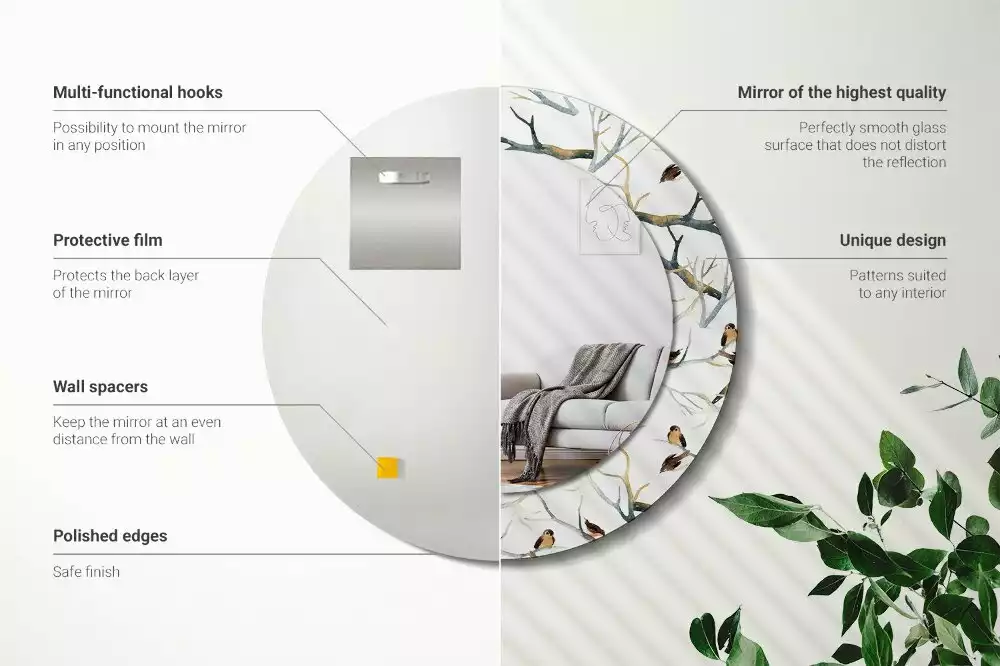 Espejo redondo estampado Gorriones pájaros ramas