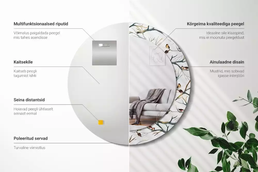 Espejo redondo estampado Gorriones pájaros ramas