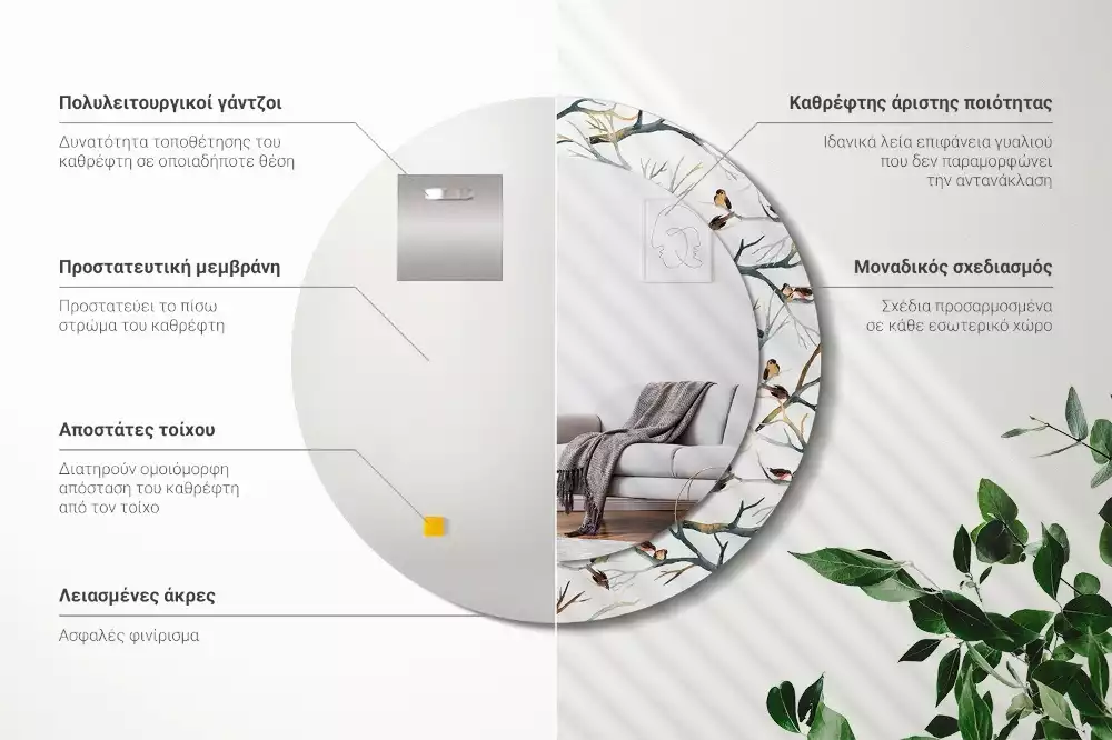 Espejo redondo estampado Gorriones pájaros ramas