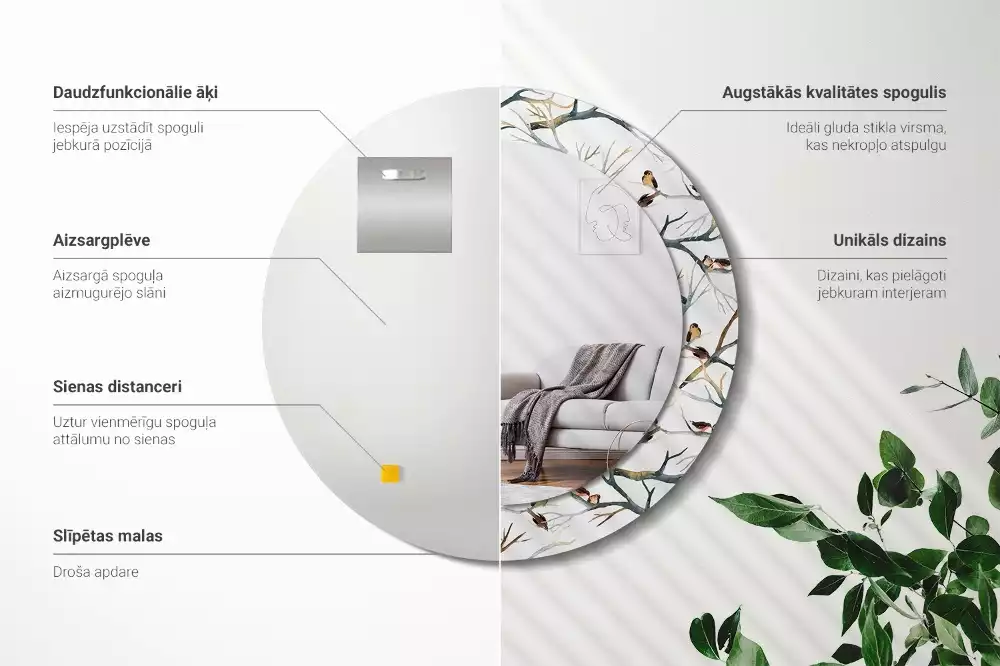 Espejo redondo estampado Gorriones pájaros ramas