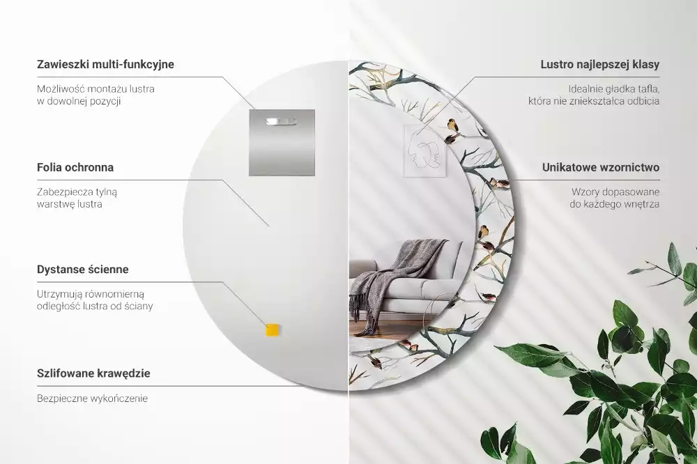 Espejo redondo estampado Gorriones pájaros ramas