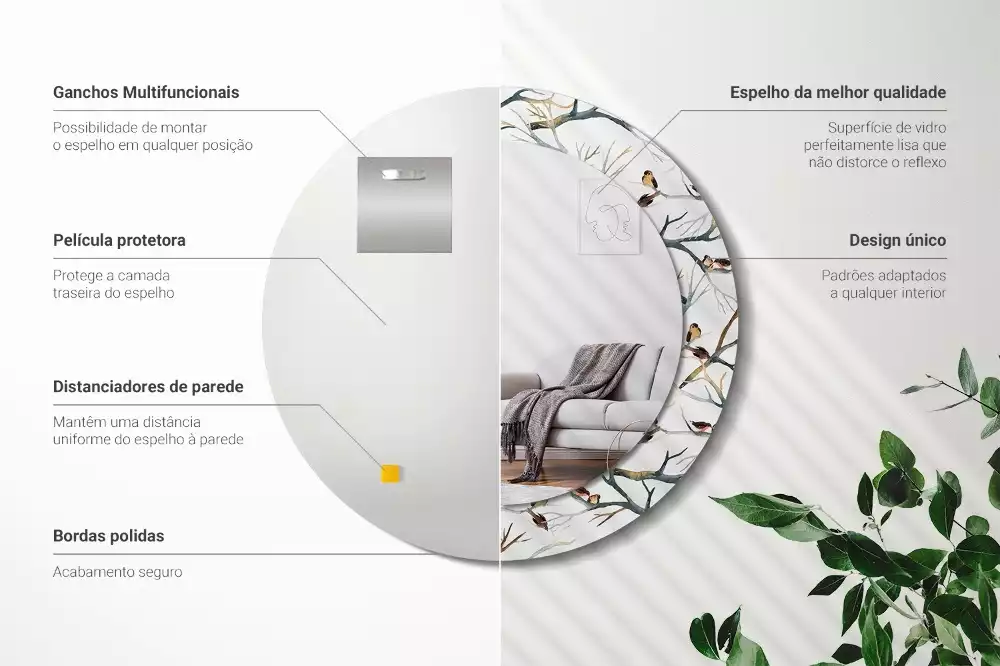 Espejo redondo estampado Gorriones pájaros ramas