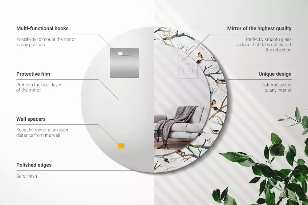 Espejo redondo estampado Gorriones pájaros ramas