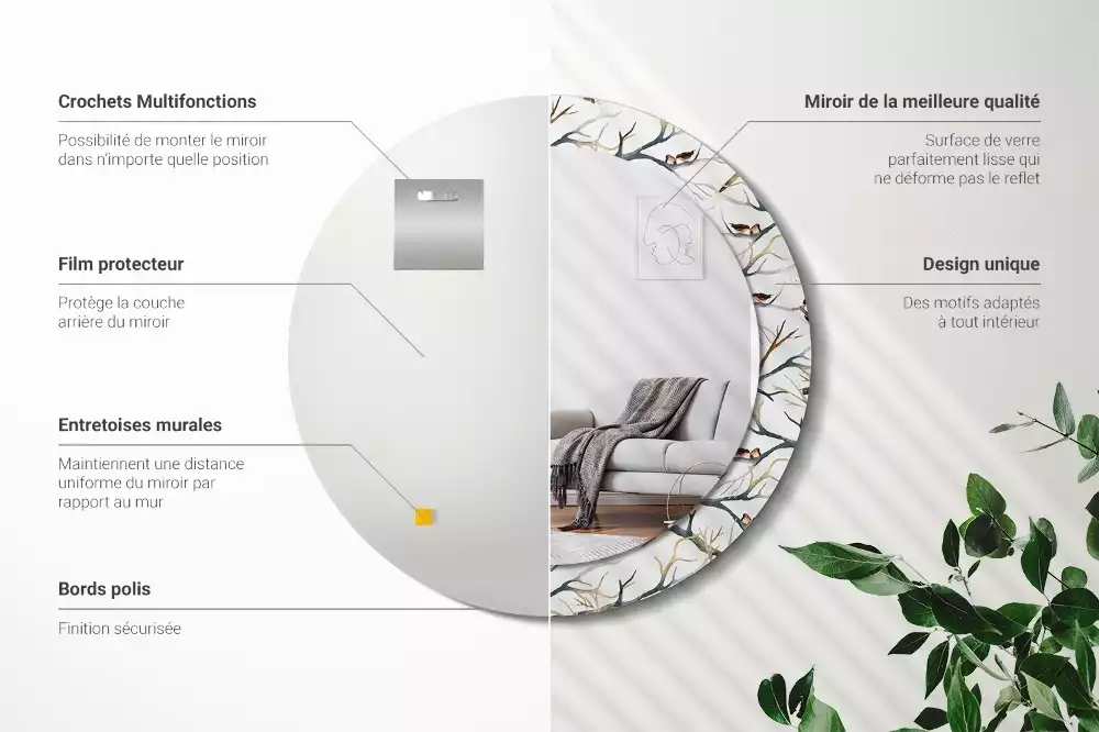 Espejo redondo estampado Gorriones pájaros ramas