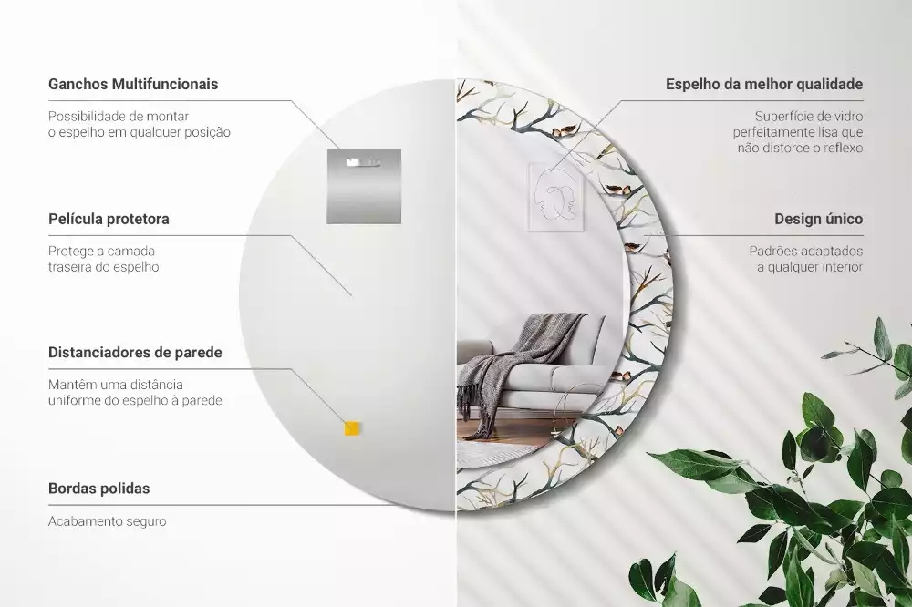 Espejo redondo estampado Gorriones pájaros ramas