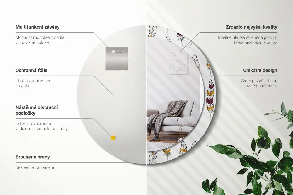 Espejo redondo estampado Plumas