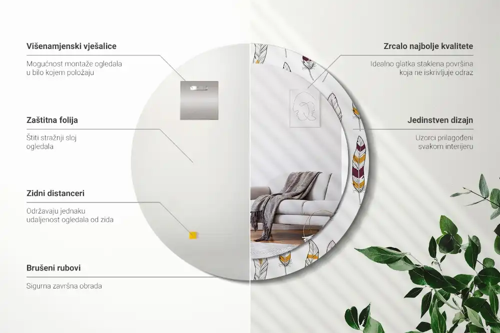 Espejo redondo estampado Plumas