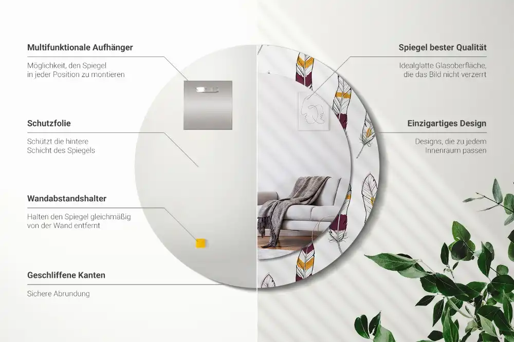 Espejo redondo estampado Plumas