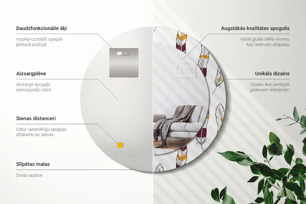 Espejo redondo estampado Plumas