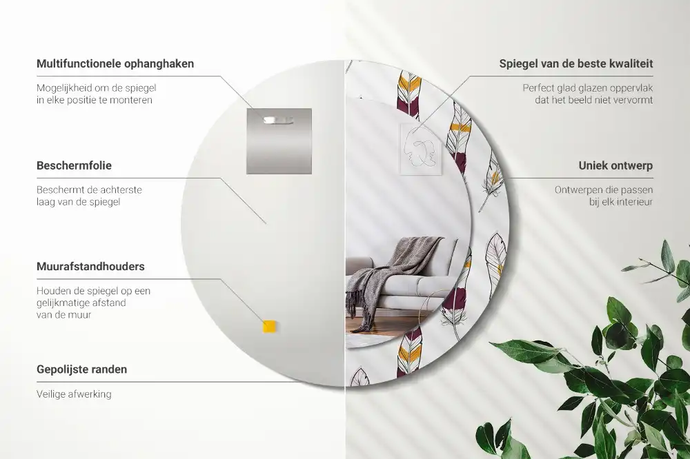 Espejo redondo estampado Plumas