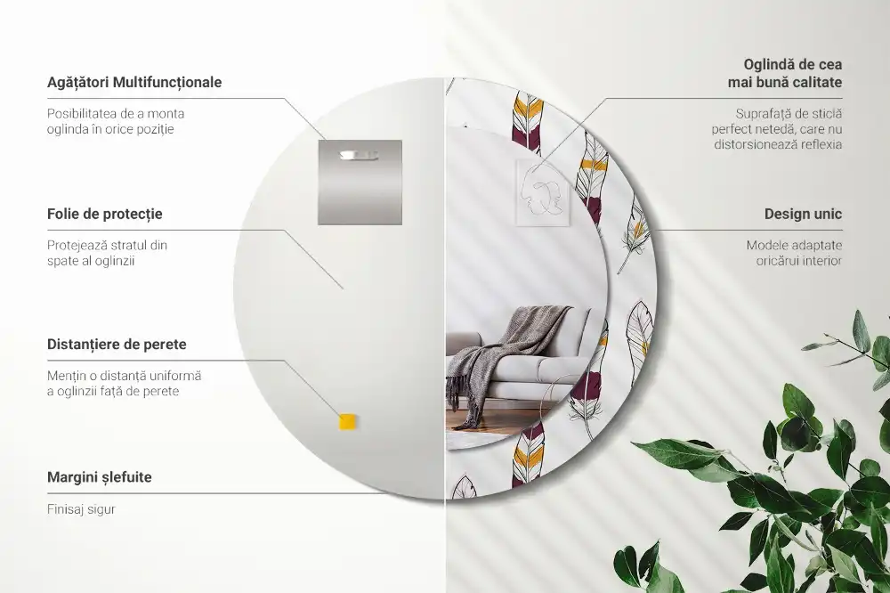 Espejo redondo estampado Plumas