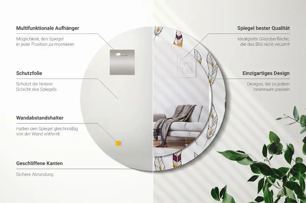 Espejo redondo estampado Plumas