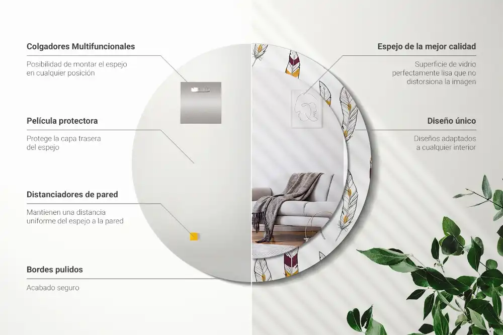 Espejo redondo estampado Plumas