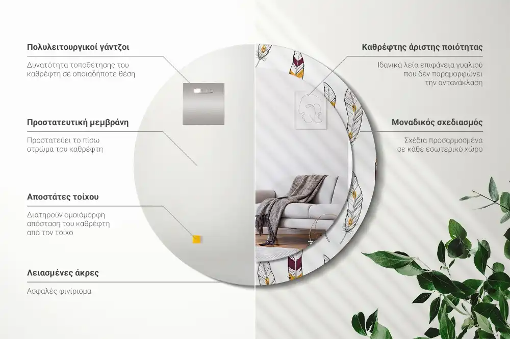 Espejo redondo estampado Plumas