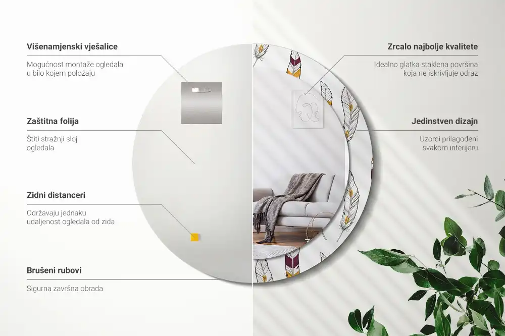 Espejo redondo estampado Plumas