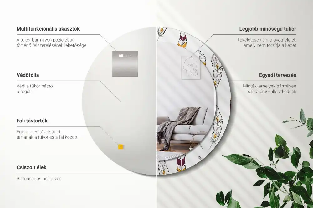 Espejo redondo estampado Plumas