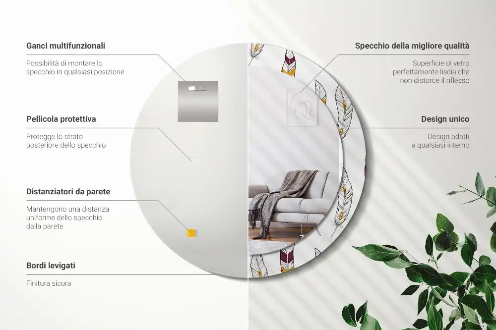 Espejo redondo estampado Plumas