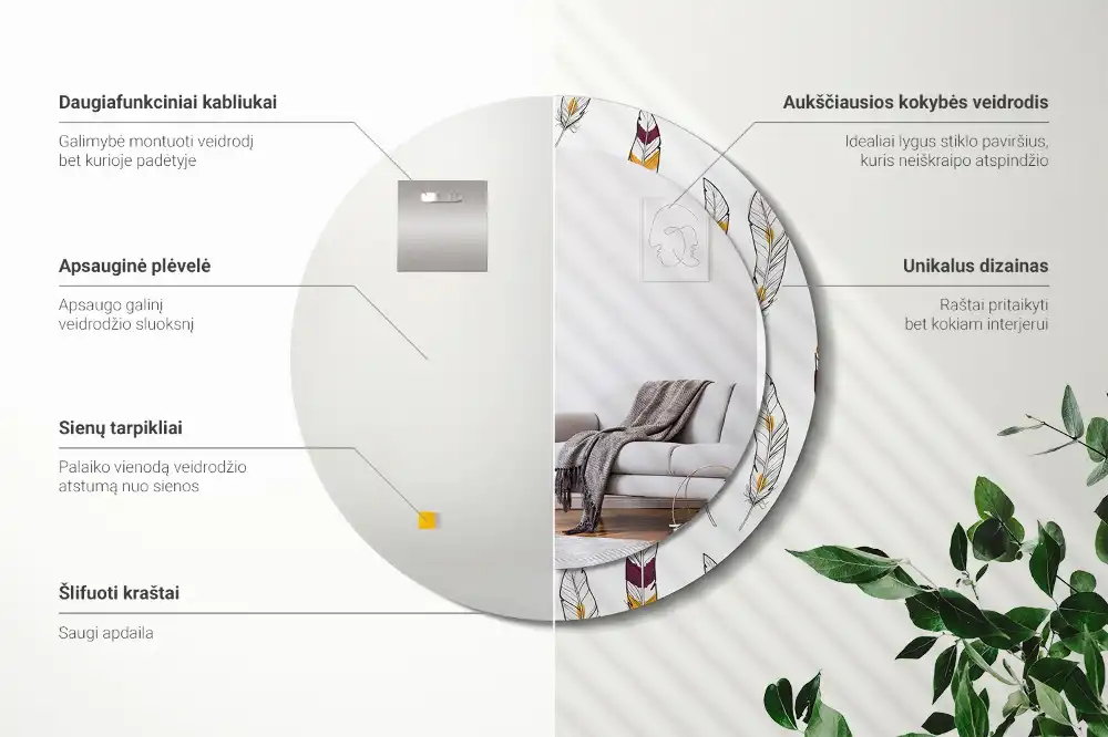 Espejo redondo estampado Plumas