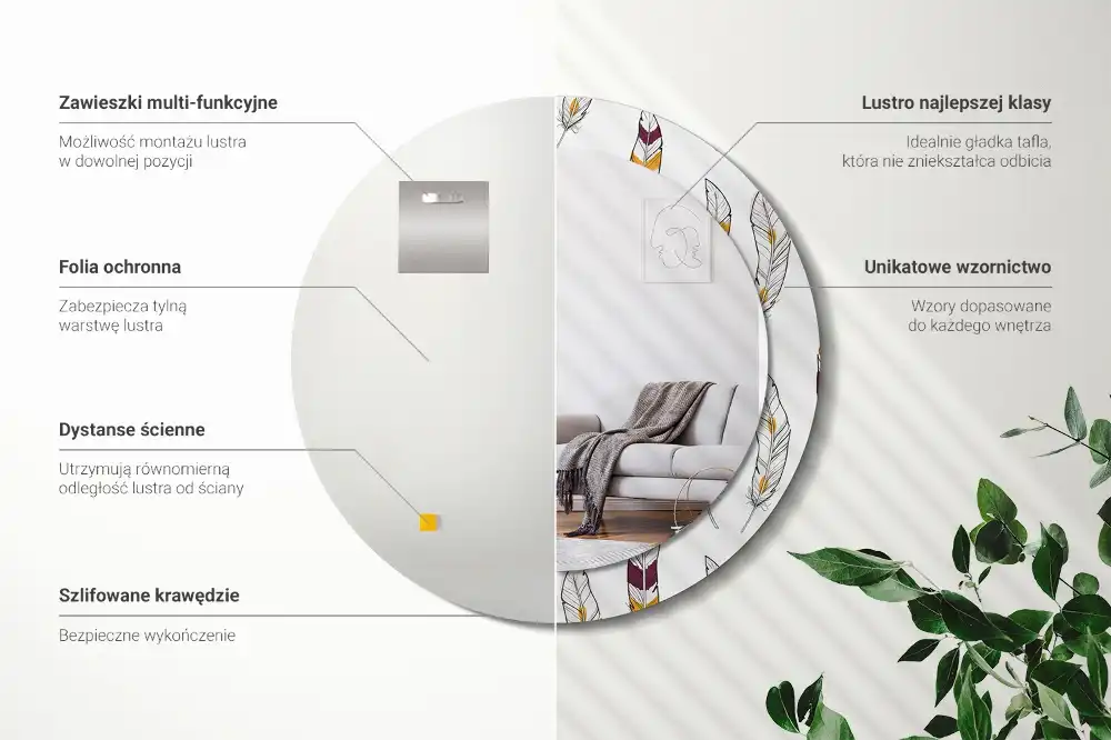 Espejo redondo estampado Plumas