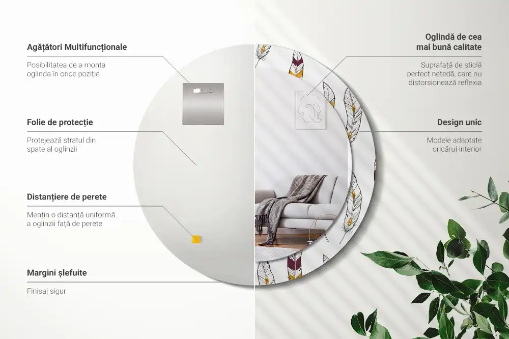 Espejo redondo estampado Plumas