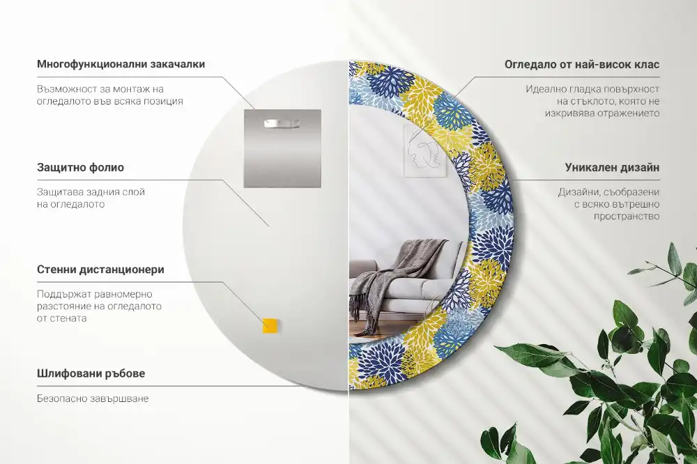 Espejo redondo estampado flores azules