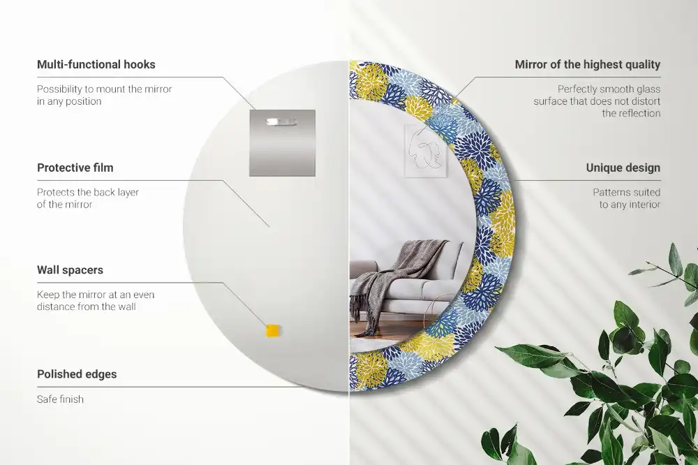 Espejo redondo estampado flores azules