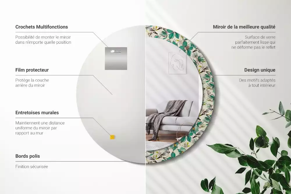 Espejo redondo estampado Flores y pájaros