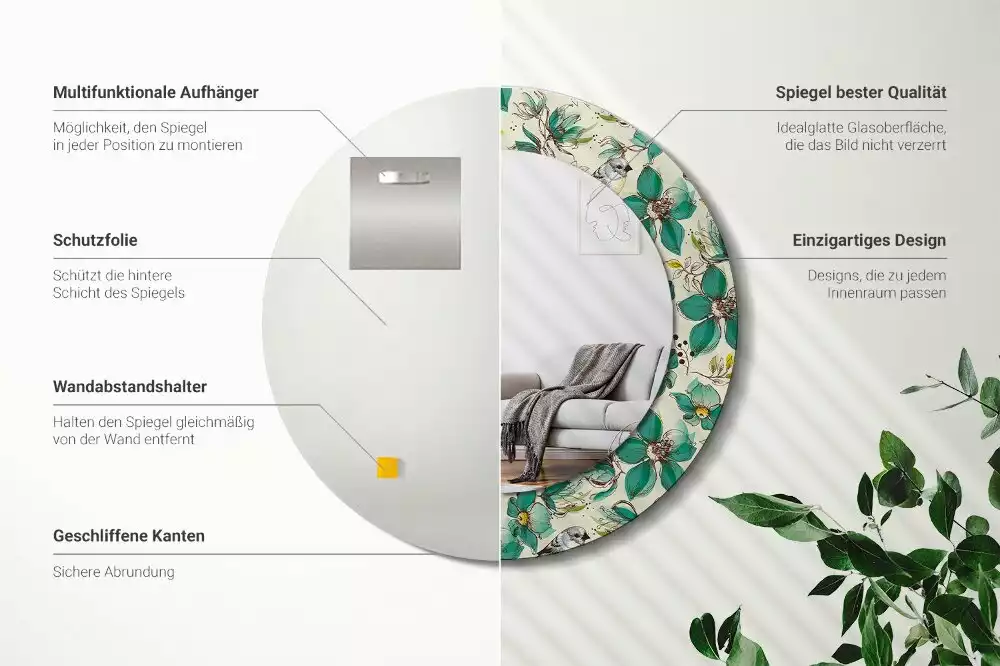 Espejo redondo estampado Flores y pájaros