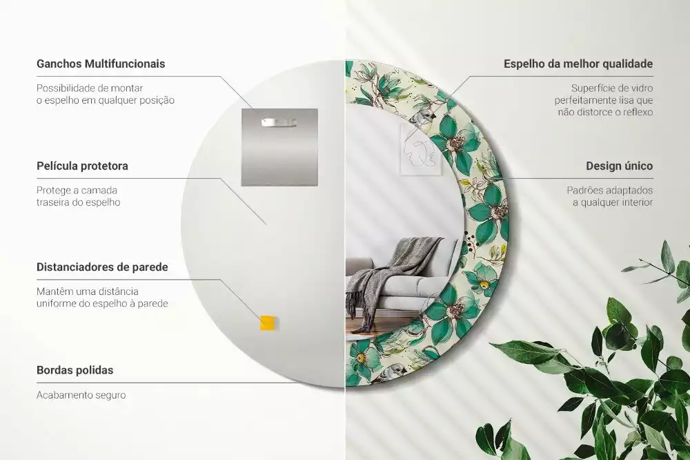 Espejo redondo estampado Flores y pájaros