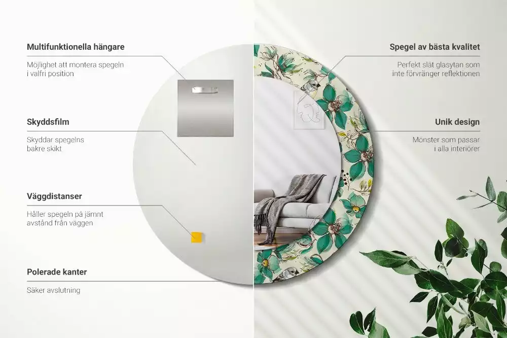 Espejo redondo estampado Flores y pájaros