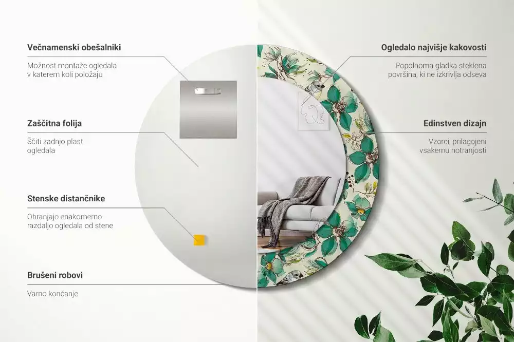 Espejo redondo estampado Flores y pájaros