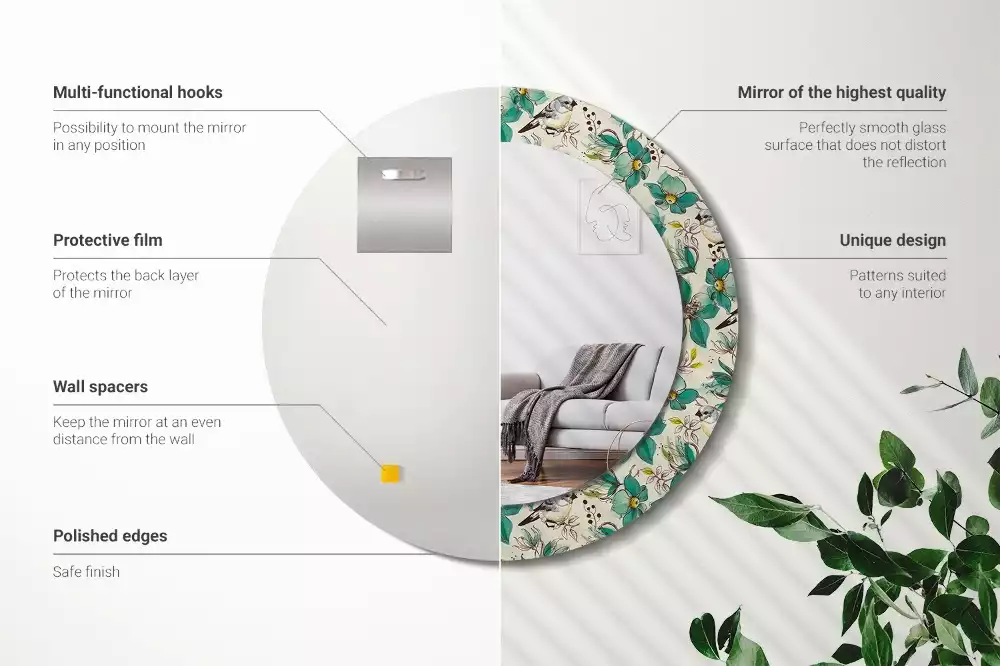 Espejo redondo estampado Flores y pájaros