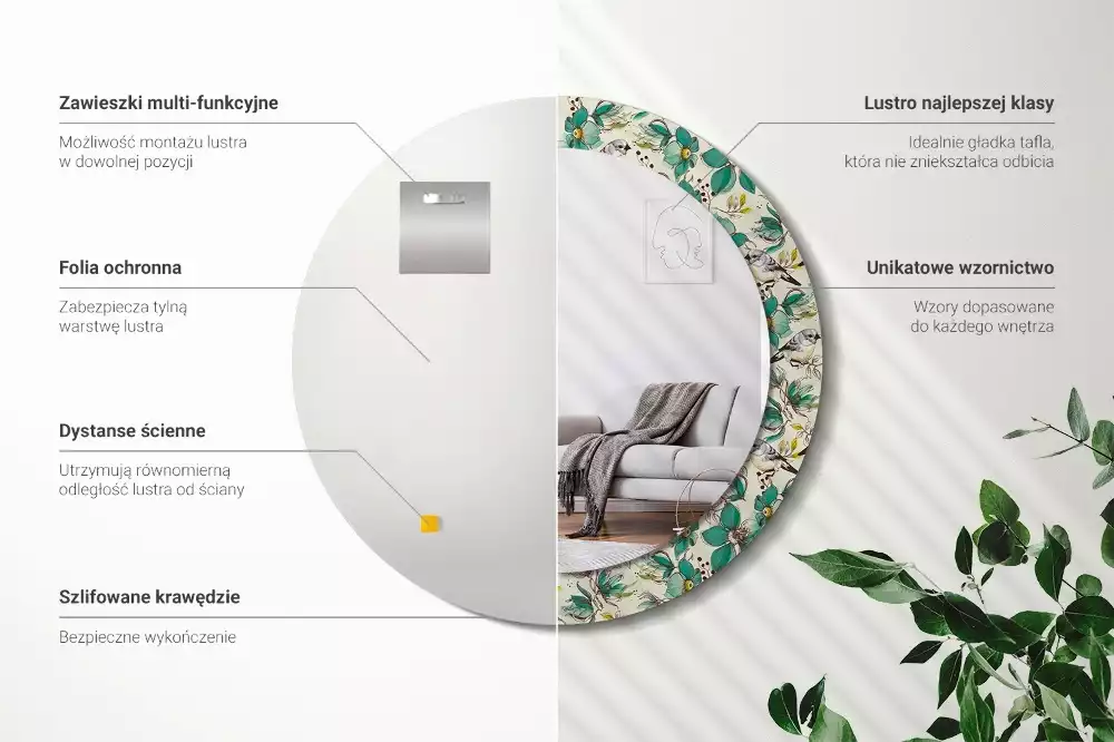 Espejo redondo estampado Flores y pájaros